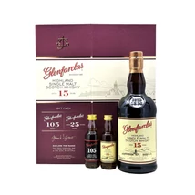 Glenfarclas 15 éves whisky ajándékcsomag DRS 46,7 % (0,7L+2*0,05L - 46, 60, 43 %)