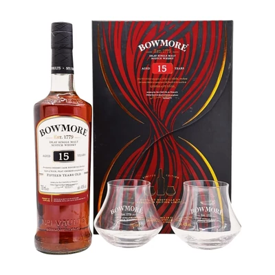 Bowmore 15 éves Ajándékcsomag 2 pohárral DRS (0,7 l, 43%)