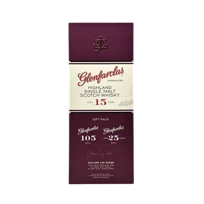 Glenfarclas 15 éves whisky ajándékcsomag DRS 46,7 % (0,7L+2*0,05L - 46, 60, 43 %)