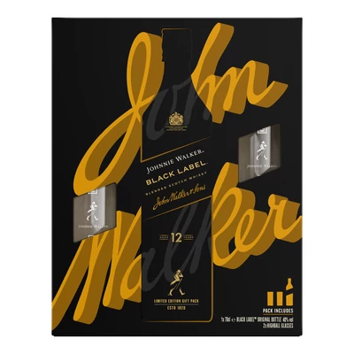 Johnnie Walker Black Label whisky ajándékcsomag 2 highball pohárral DRS (0,7L / 40%)