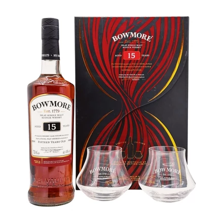 Bowmore 15 éves Ajándékcsomag 2 pohárral DRS (0,7 l, 43%)