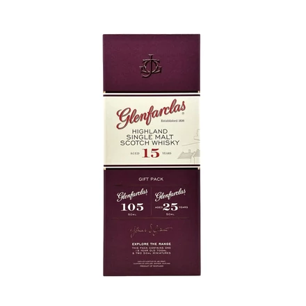 Glenfarclas 15 éves whisky ajándékcsomag DRS 46,7 % (0,7L+2*0,05L - 46, 60, 43 %)