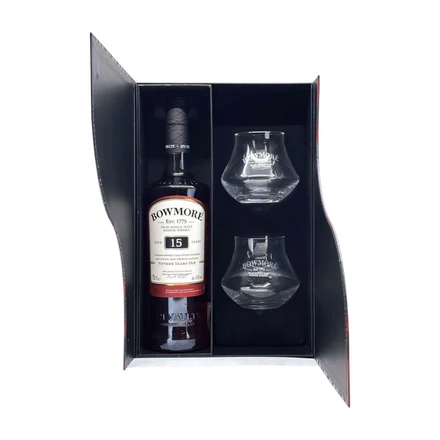 Bowmore 15 éves Ajándékcsomag 2 pohárral DRS (0,7 l, 43%)